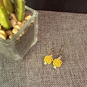 Yellow Rose Drop Earrings Floral Gold Tone Coquette Spring Jewelry Bridal